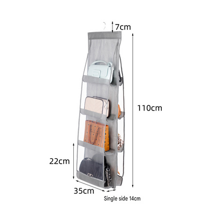 Grey 8-compartment Hanging Handbag Organizer - Double-Sided Non-Woven PVC Storage Bag with Transparent Pockets - Space-Saving Wardrobe Closet Hanger for Purses and Accessories