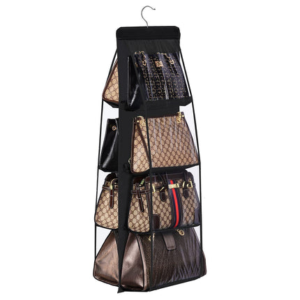 Black 8-compartment Hanging Handbag Organizer - Double-Sided Non-Woven PVC Storage Bag with Transparent Pockets - Space-Saving Wardrobe Closet Hanger for Purses and Accessories