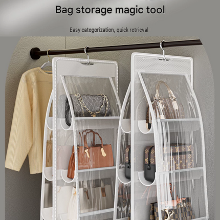 Black 8-compartment Hanging Handbag Organizer - Double-Sided Non-Woven PVC Storage Bag with Transparent Pockets - Space-Saving Wardrobe Closet Hanger for Purses and Accessories