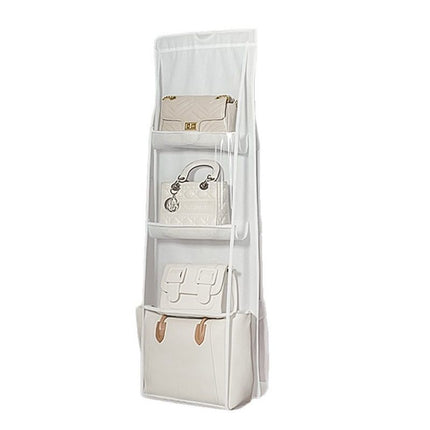 White 8-compartment Hanging Handbag Organizer - Double-Sided Non-Woven PVC Storage Bag with Transparent Pockets - Space-Saving Wardrobe Closet Hanger for Purses and Accessories