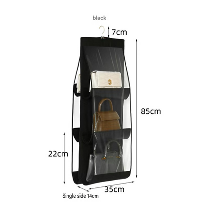 White 6-compartment Hanging Handbag Organizer - Double-Sided Non-Woven PVC Storage Bag with Transparent Pockets - Space-Saving Wardrobe Closet Hanger for Purses and Accessories
