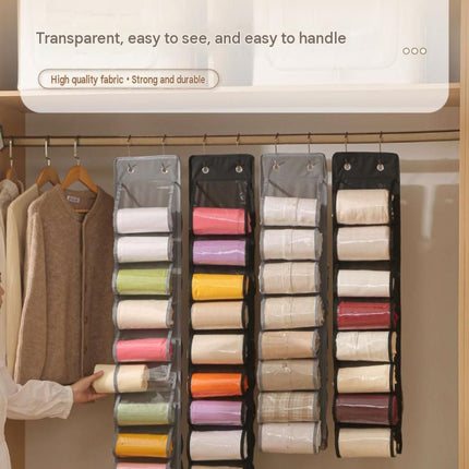 Grey 16-compartment Hanging Clothes Organiser - Double Sided Transparent Wardrobe Storage Bag with Metal Hooks - Space Saving Closet Hanger for Yoga Pants, Leggings, Scarves and Accessories