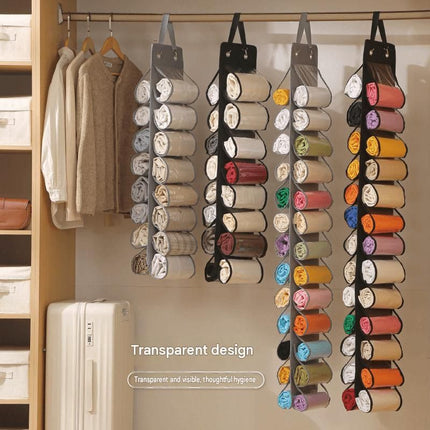 Black Home Organisation Set - 8 Pocket Handbag Hanging Organiser and 26 Slot Yoga Clothes Storage Bag - Double Sided Transparent Wardrobe Closet Hanger for Purses, Leggings, Scarves and Accessories