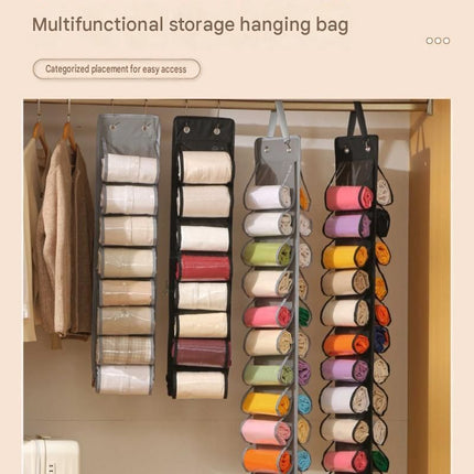 Black Home Organisation Set - 6 Pocket Handbag Hanging Organiser and 16 Slot Yoga Clothes Storage Bag - Double Sided Transparent Wardrobe Closet Hanger for Purses, Leggings, Scarves and Accessories