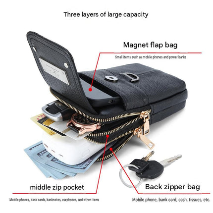 Coffee Men's Genuine Leather Waist Bag - Multi Layer Phone Pouch with Belt Loop and Shoulder Strap - Outdoor Travel Organizer for Smartphone, Keys, Cards and Cash