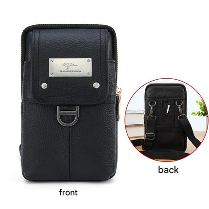 Black Men's Genuine Leather Waist Bag - Multi Layer Phone Pouch with Belt Loop and Shoulder Strap - Outdoor Travel Organizer for Smartphone, Keys, Cards and Cash