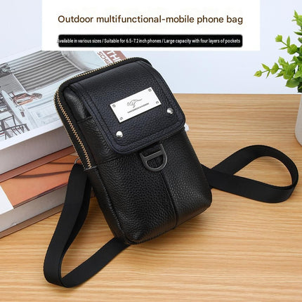 Black Men's Genuine Leather Waist Bag - Multi Layer Phone Pouch with Belt Loop and Shoulder Strap - Outdoor Travel Organizer for Smartphone, Keys, Cards and Cash