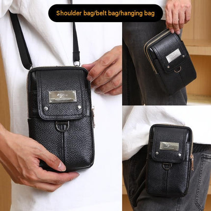 Black Men's Genuine Leather Waist Bag - Multi Layer Phone Pouch with Belt Loop and Shoulder Strap - Outdoor Travel Organizer for Smartphone, Keys, Cards and Cash