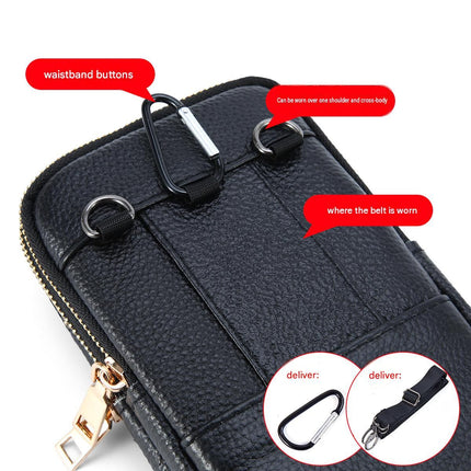 Black Men's Genuine Leather Waist Bag - Multi Layer Phone Pouch with Belt Loop and Shoulder Strap - Outdoor Travel Organizer for Smartphone, Keys, Cards and Cash