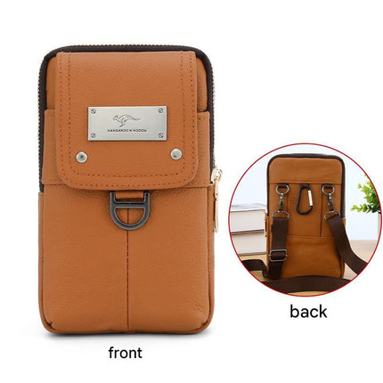 Brown Men's Genuine Leather Waist Bag - Multi Layer Phone Pouch with Belt Loop and Shoulder Strap - Outdoor Travel Organizer for Smartphone, Keys, Cards and Cash