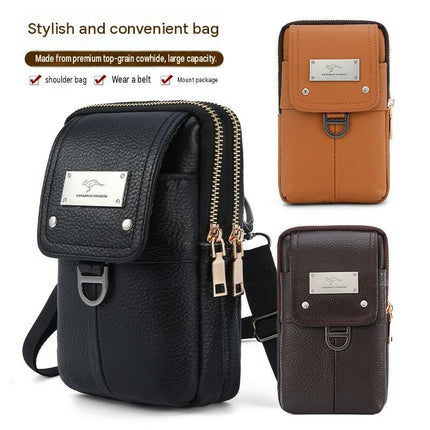 Brown Men's Genuine Leather Waist Bag - Multi Layer Phone Pouch with Belt Loop and Shoulder Strap - Outdoor Travel Organizer for Smartphone, Keys, Cards and Cash