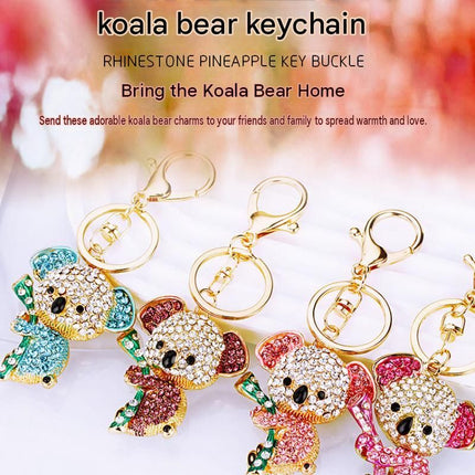 Blue Rhinestone Koala Keychain - Eco Friendly Zinc Alloy Metal Key Ring with Lobster Clasp - Cute Car Key Fob and Bag Charm Accessory for Women Girls Gift