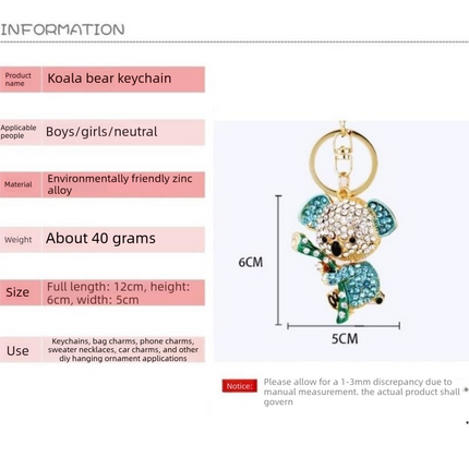 Blue Rhinestone Koala Keychain - Eco Friendly Zinc Alloy Metal Key Ring with Lobster Clasp - Cute Car Key Fob and Bag Charm Accessory for Women Girls Gift