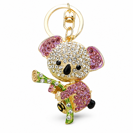 Purple Rhinestone Koala Keychain - Eco Friendly Zinc Alloy Metal Key Ring with Lobster Clasp - Cute Car Key Fob and Bag Charm Accessory for Women Girls Gift