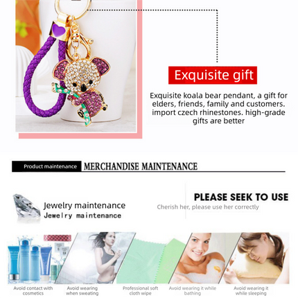 Purple Rhinestone Koala Keychain - Eco Friendly Zinc Alloy Metal Key Ring with Lobster Clasp - Cute Car Key Fob and Bag Charm Accessory for Women Girls Gift