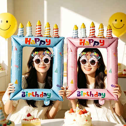 5-pack Pink Happy Birthday Foil Balloon Photo Frame - Inflatable Party Decoration with Candle Design for Kids and Adults Celebration