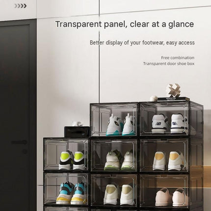 2 transparent black ones Stackable Magnetic Shoe Storage Box - Transparent PS Plastic - Front Opening Door, Dustproof Display, Space Saving Modular Design for Sneakers and Home Organisation