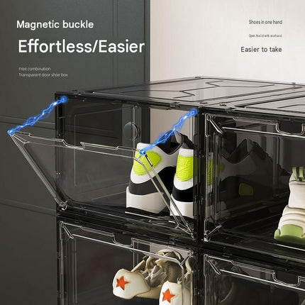 2 transparent black ones Stackable Magnetic Shoe Storage Box - Transparent PS Plastic - Front Opening Door, Dustproof Display, Space Saving Modular Design for Sneakers and Home Organisation