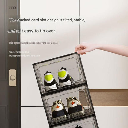 2 transparent black ones Stackable Magnetic Shoe Storage Box - Transparent PS Plastic - Front Opening Door, Dustproof Display, Space Saving Modular Design for Sneakers and Home Organisation