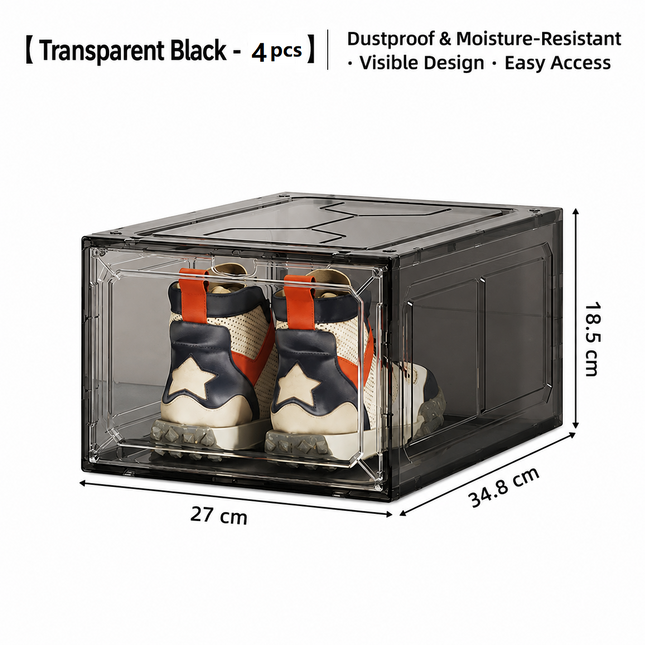 4 transparent black ones Stackable Magnetic Shoe Storage Box - Transparent PS Plastic - Front Opening Door, Dustproof Display, Space Saving Modular Design for Sneakers and Home Organisation