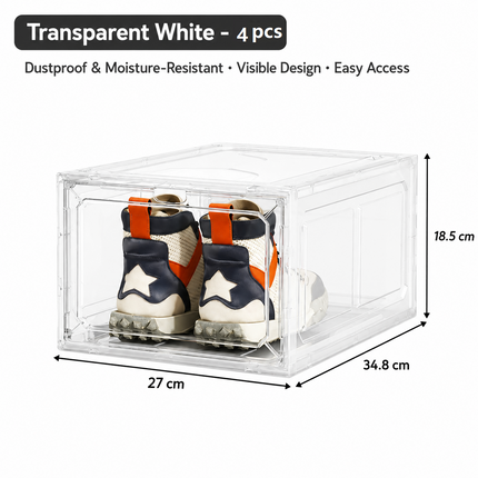 4 transparent white ones Stackable Magnetic Shoe Storage Box - Transparent PS Plastic - Front Opening Door, Dustproof Display, Space Saving Modular Design for Sneakers and Home Organisation