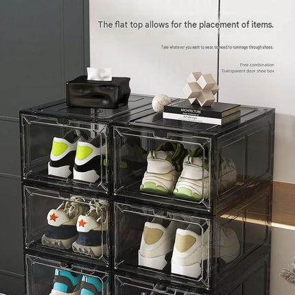 4 transparent white ones Stackable Magnetic Shoe Storage Box - Transparent PS Plastic - Front Opening Door, Dustproof Display, Space Saving Modular Design for Sneakers and Home Organisation
