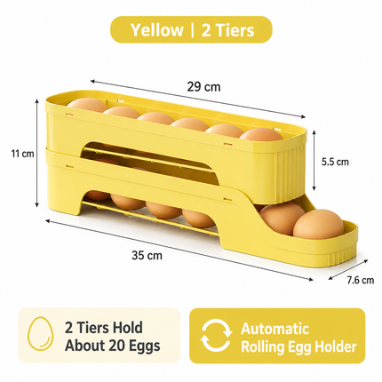 2-Tier Yellow Rolling Egg Storage Box -  Grade PP Plastic - Automatic Dispensing, Space Saving Fridge Organizer, Detachable Design for Kitchen and Refrigerator Door