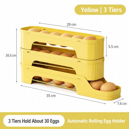 3-Tier Yellow Rolling Egg Storage Box -  Grade PP Plastic - Automatic Dispensing, Space Saving Fridge Organizer, Detachable Design for Kitchen and Refrigerator Door