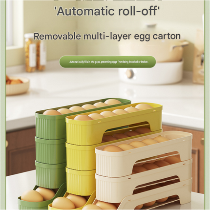 3-Tier Yellow Rolling Egg Storage Box -  Grade PP Plastic - Automatic Dispensing, Space Saving Fridge Organizer, Detachable Design for Kitchen and Refrigerator Door