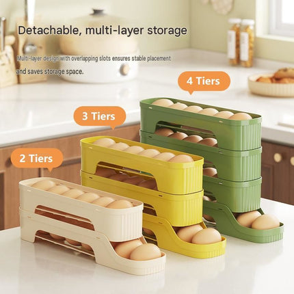 3-Tier Yellow Rolling Egg Storage Box -  Grade PP Plastic - Automatic Dispensing, Space Saving Fridge Organizer, Detachable Design for Kitchen and Refrigerator Door