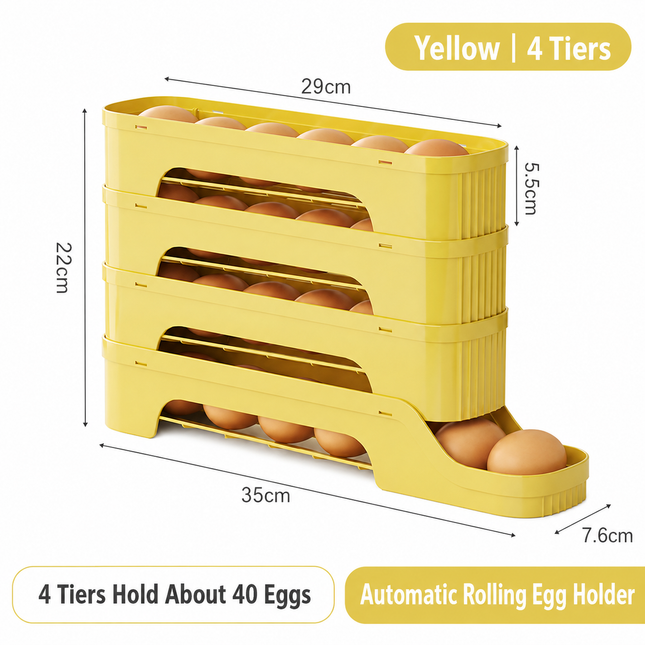 4-Tier Yellow Rolling Egg Storage Box -  Grade PP Plastic - Automatic Dispensing, Space Saving Fridge Organizer, Detachable Design for Kitchen and Refrigerator Door