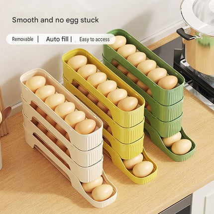 4-Tier Yellow Rolling Egg Storage Box -  Grade PP Plastic - Automatic Dispensing, Space Saving Fridge Organizer, Detachable Design for Kitchen and Refrigerator Door