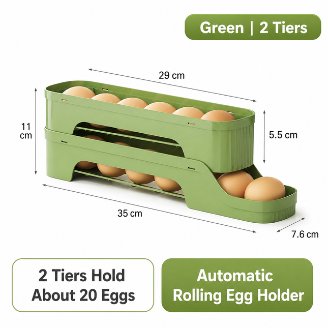 2-Tier Green Rolling Egg Storage Box -  Grade PP Plastic - Automatic Dispensing, Space Saving Fridge Organizer, Detachable Design for Kitchen and Refrigerator Door