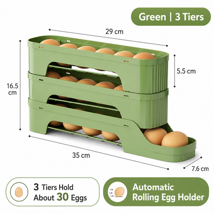 3-Tier Green Rolling Egg Storage Box -  Grade PP Plastic - Automatic Dispensing, Space Saving Fridge Organizer, Detachable Design for Kitchen and Refrigerator Door