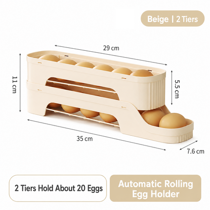 2-Tier Beige Rolling Egg Storage Box -  Grade PP Plastic - Automatic Dispensing, Space Saving Fridge Organizer, Detachable Design for Kitchen and Refrigerator Door