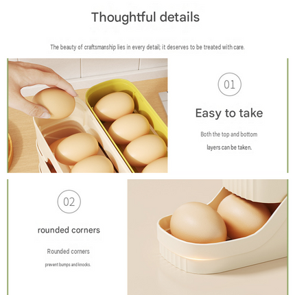 2-Tier Beige Rolling Egg Storage Box -  Grade PP Plastic - Automatic Dispensing, Space Saving Fridge Organizer, Detachable Design for Kitchen and Refrigerator Door