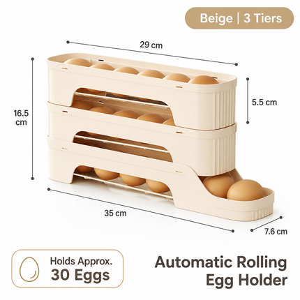3-Tier Beige Rolling Egg Storage Box -  Grade PP Plastic - Automatic Dispensing, Space Saving Fridge Organizer, Detachable Design for Kitchen and Refrigerator Door
