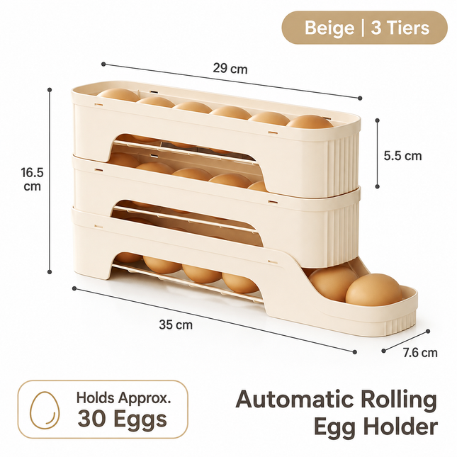 3-Tier Beige Rolling Egg Storage Box - Grade PP Plastic
