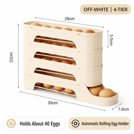 4-Tier Beige Rolling Egg Storage Box -  Grade PP Plastic - Automatic Dispensing, Space Saving Fridge Organizer, Detachable Design for Kitchen and Refrigerator Door