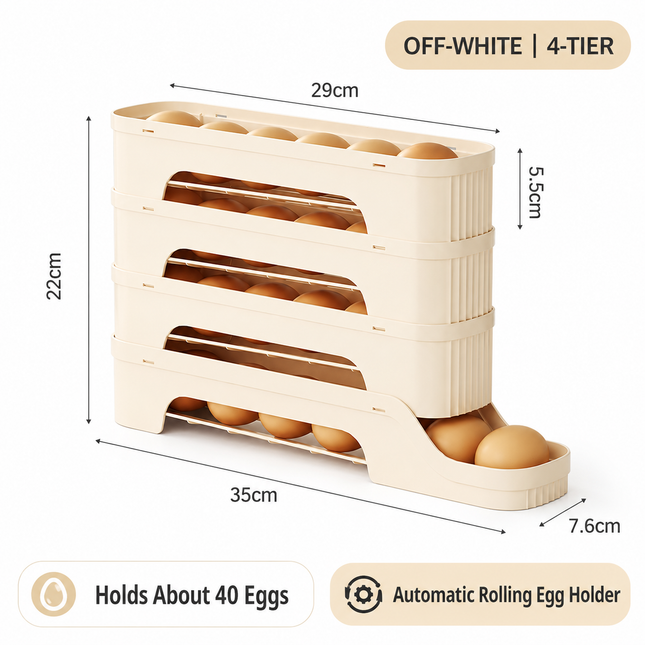 4-Tier Beige Rolling Egg Storage Box -  Grade PP Plastic - Automatic Dispensing, Space Saving Fridge Organizer, Detachable Design for Kitchen and Refrigerator Door
