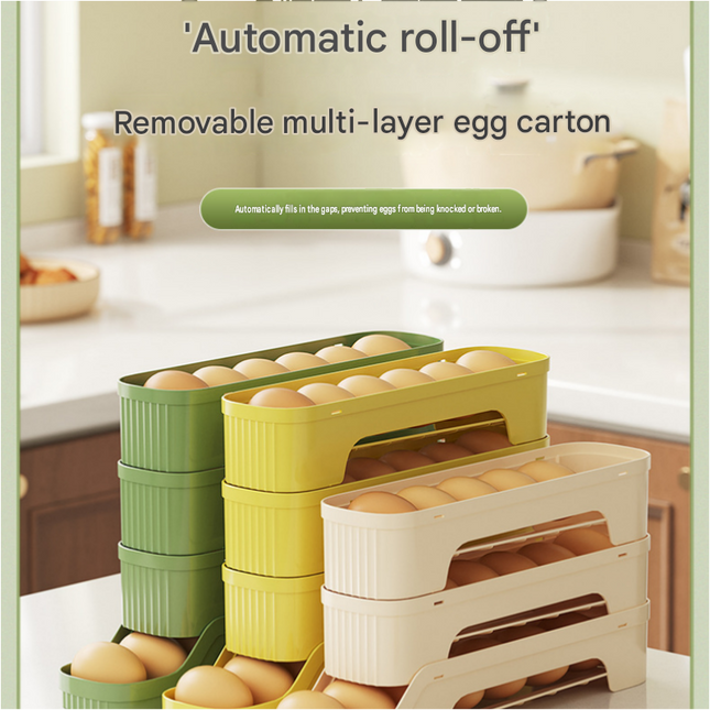 4-Tier Beige Rolling Egg Storage Box -  Grade PP Plastic - Automatic Dispensing, Space Saving Fridge Organizer, Detachable Design for Kitchen and Refrigerator Door