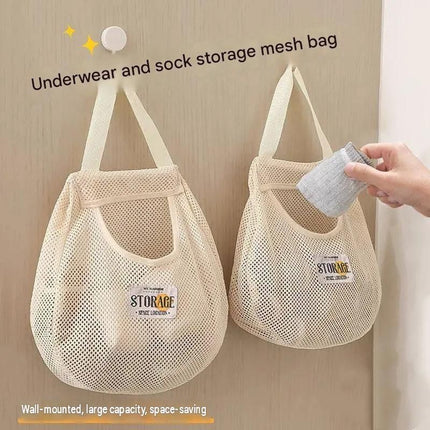 2 pcs Beige Hanging Mesh Storage Bag - Breathable Canvas Organizer for Socks and Underwear - Space Saving Wall Mount Design, Washable and Durable for Wardrobe, Dorm, and Bathroom
