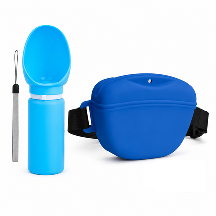Blue Portable Silicone Pet Water Bottle and Treat Pouch Set - 550ml Foldable Leak-Proof Dog Travel Cup with Magnetic Waist Bag for Outdoor Training and Walking