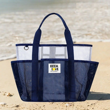 Blue-White Large Capacity Mesh Beach Tote Bag - Breathable Polyester Swim Bag with Multi-Pocket Storage, Quick-Dry Design for Travel, Gym, and Poolside Use