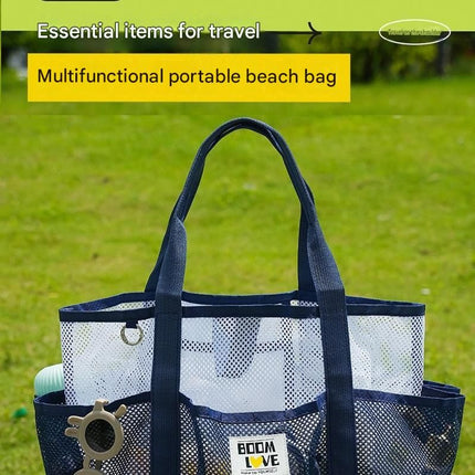 Purple-White Large Capacity Mesh Beach Tote Bag - Breathable Polyester Swim Bag with Multi-Pocket Storage, Quick-Dry Design for Travel, Gym, and Poolside Use