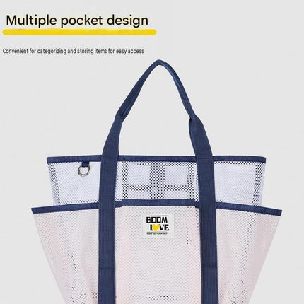 Purple-White Large Capacity Mesh Beach Tote Bag - Breathable Polyester Swim Bag with Multi-Pocket Storage, Quick-Dry Design for Travel, Gym, and Poolside Use