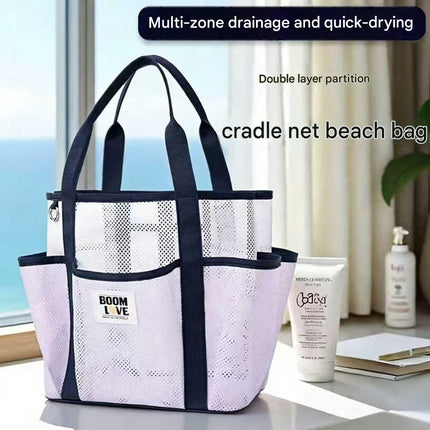 Pink-White Large Capacity Mesh Beach Tote Bag - Breathable Polyester Swim Bag with Multi-Pocket Storage, Quick-Dry Design for Travel, Gym, and Poolside Use