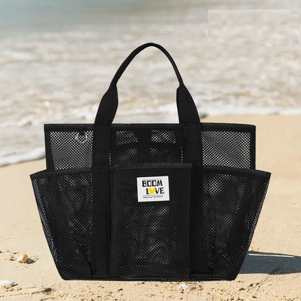 Black Large Capacity Mesh Beach Tote Bag - Breathable Polyester Swim Bag with Multi-Pocket Storage, Quick-Dry Design for Travel, Gym, and Poolside Use