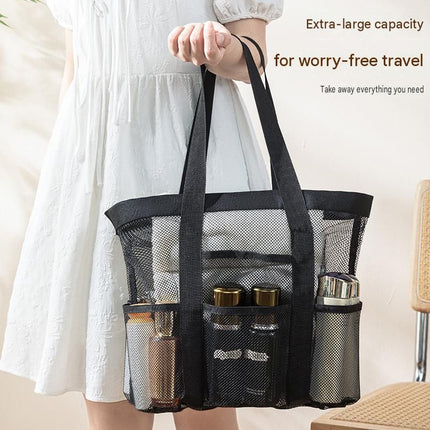 Grey small size Large Capacity Mesh Beach Tote Bag - Breathable PET  with Multi-Pocket Storage, Quick-Dry Design for Travel, Gym, and Poolside Use