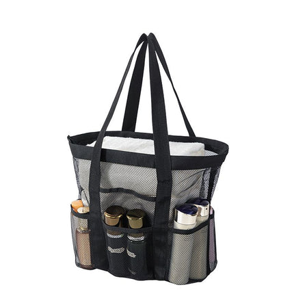 Black small size Large Capacity Mesh Beach Tote Bag - Breathable PET  with Multi-Pocket Storage, Quick-Dry Design for Travel, Gym, and Poolside Use